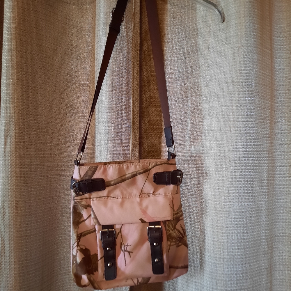 Pink camo cross body purse